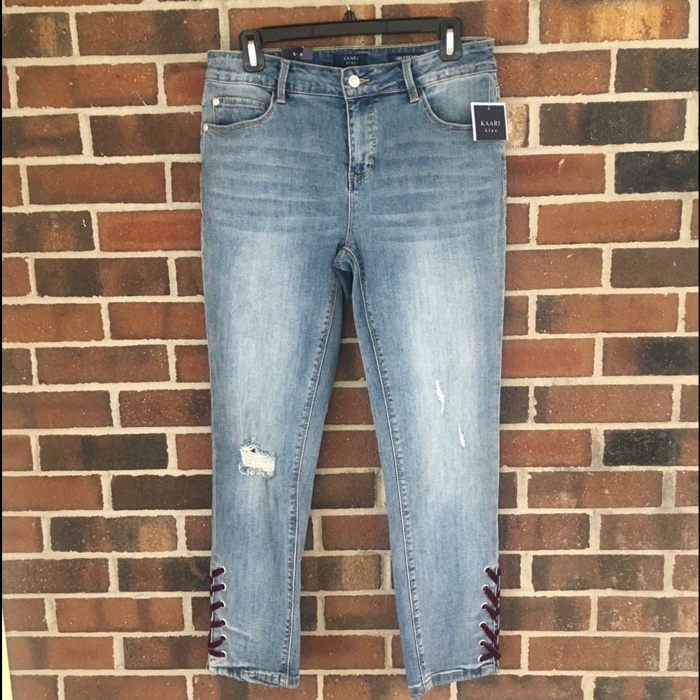Kaari Blue Girlfriend Blue Jeans Lace Up On Side Distressed Size 4 NWT